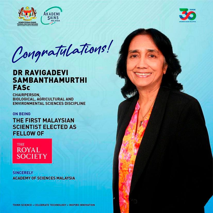 Dr Ravigadevi rakyat Malaysia pertama dipilih Felo Royal Society